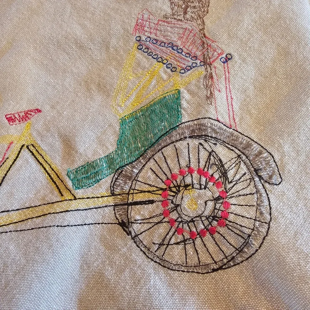 Embroidered Monkey Bicycle Whimsical Kitchen Beige‎ Dish Towel Cotton Ruffle